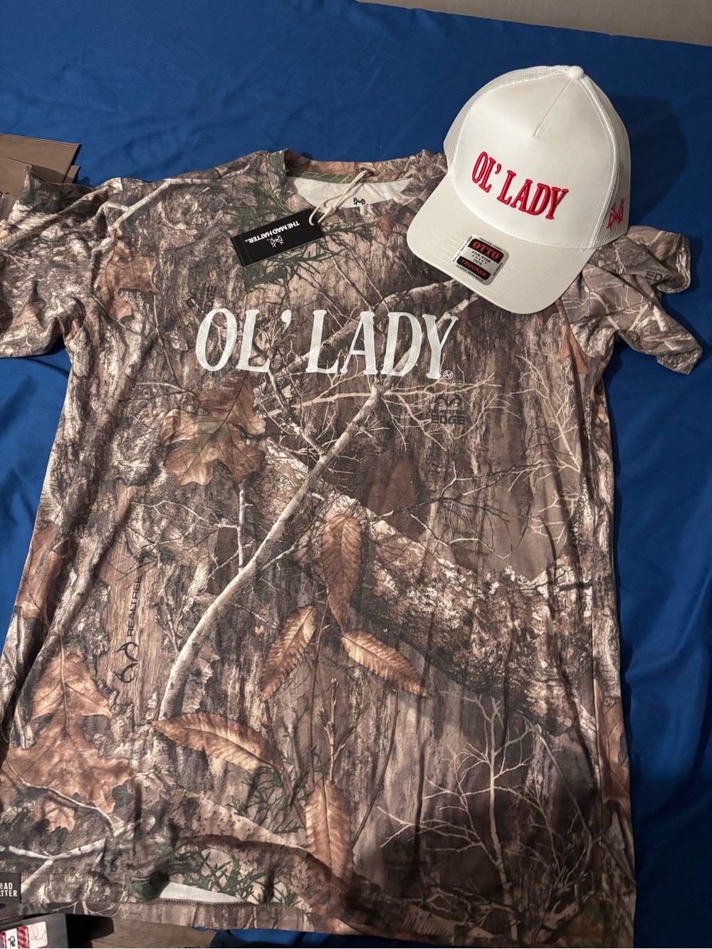 Ol' Lady Camo Tee with White Ol' Lady Cap by mad hatter company